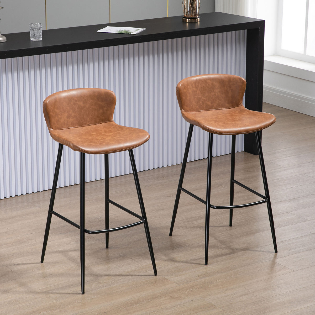 Conjunto de 2 Bancos Altos de Cozinha Bancos Altos de Cozinha com Encosto Estofado em PU Carga 120 kg para Bar Sala de Jantar 45x49x94,6 cm Marrom — foto 2