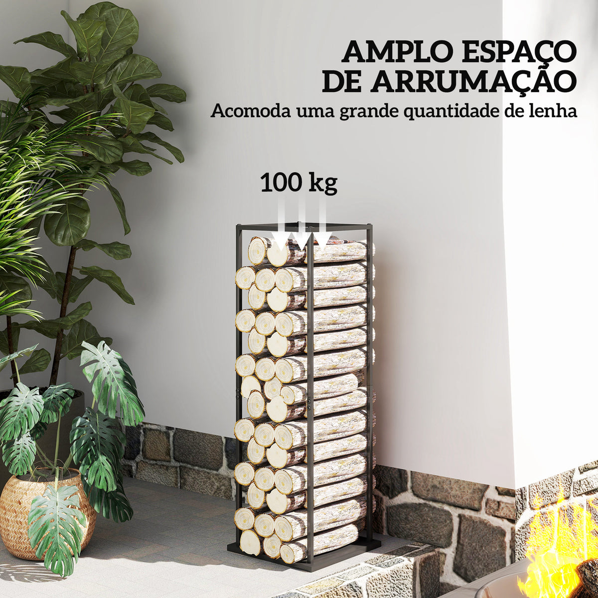 Suporte para Lenha Metálico para Interior e Exterior com Base Elevada Capacidade de 100 kg 33x33x110 cm Preto — foto 4