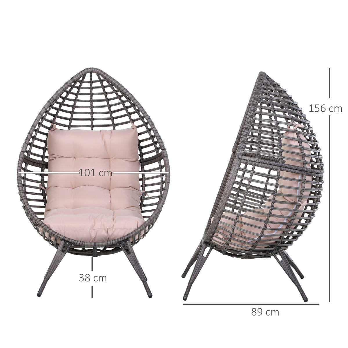 Poltrona de exterior com forma de ovo acolchoado Costas altas 101x89x156 cm Carga 160 kg Bege Cinzento — foto 3