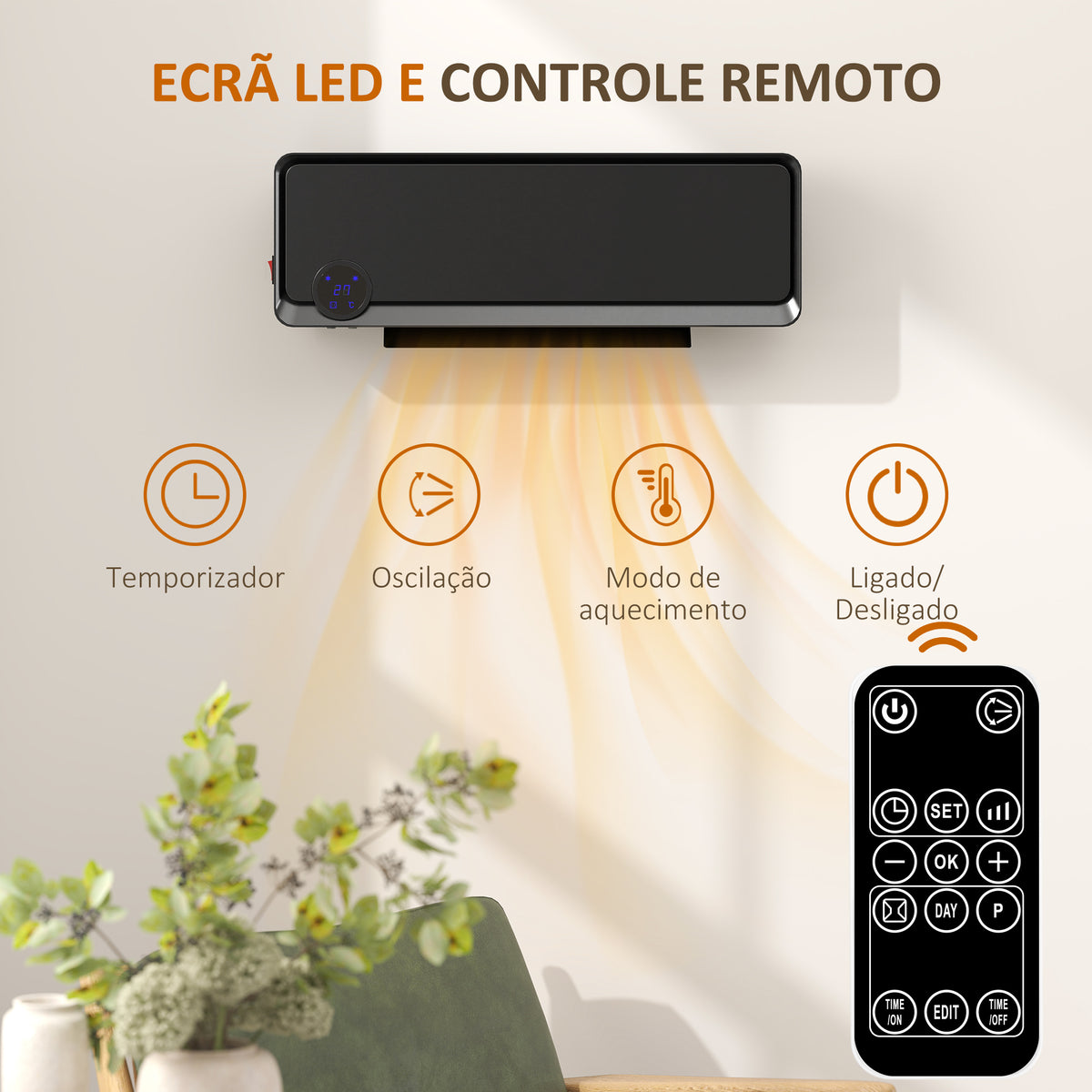 Aquecedor Cerâmico de Parede 1000W/2000W com Controle Remoto Tela LED Temporizador de 12h Termostato e Proteção contra Superaquecimento 56x18,5x11,7 cm Preto — foto 5