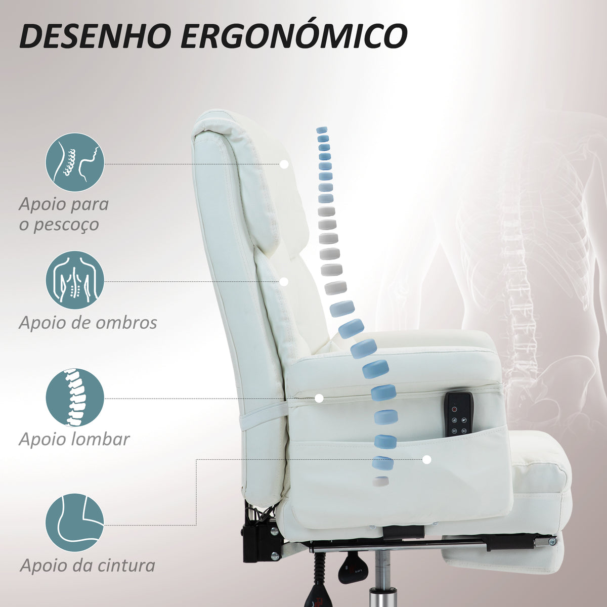 Cadeira de Massagem com 6 Pontos de Massagem Cadeira de Escritório com Apoio para os Pés Retrátil Altura Ajustável Controlo Remoto e Suporte Lombar Estofado em PU 69x65x107-115 cm Branco — foto 5