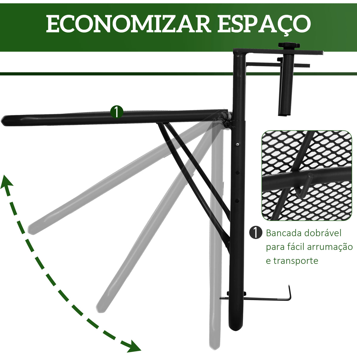 Mesa Suspensa para Varanda com Braço Regulável e Altura Ajustável em 3 Posições Estrutura de Metal Carga Máxima 30 kg 60x56,5x45 cm Preto — foto 5