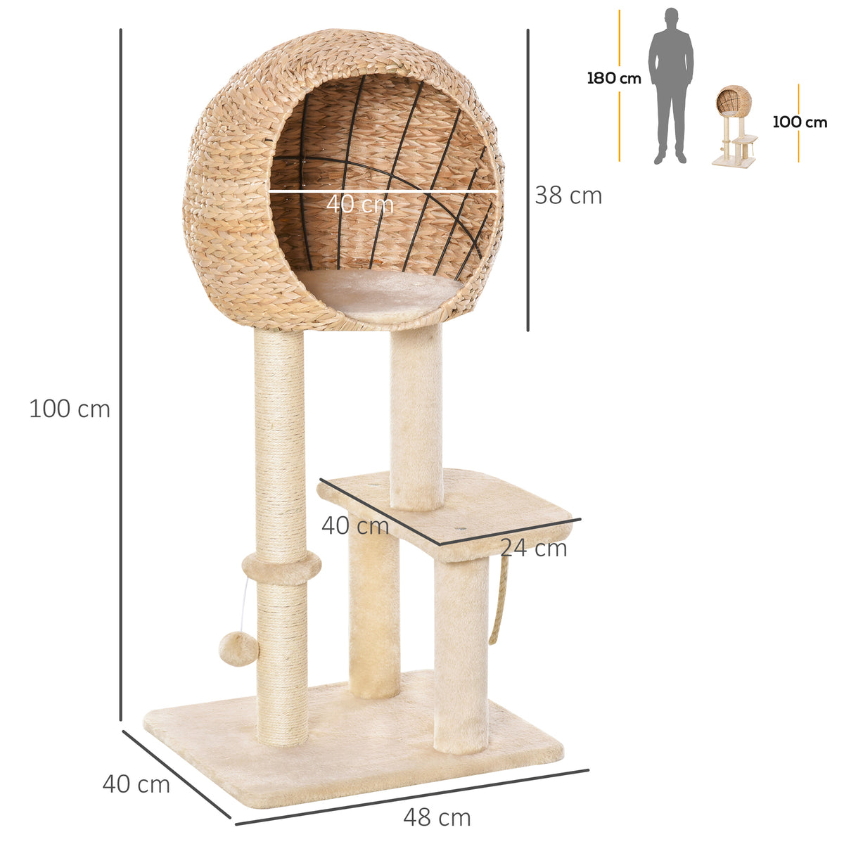 Árvore arranhador para gatos Torre de escalada com plataformas caverna corda de brincar poste de sisal 48x40x100 cm Bege — foto 3
