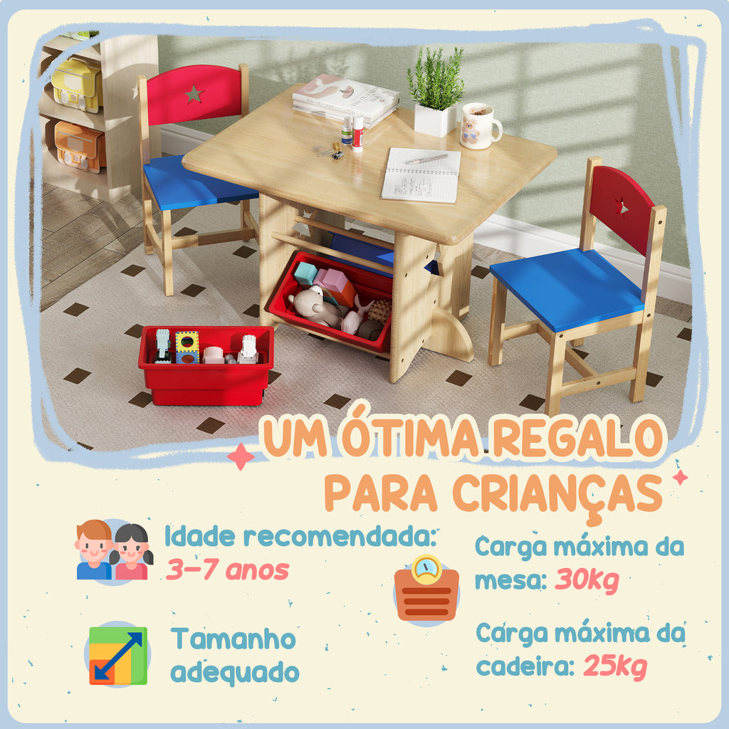 Mesa e Cadeiras para Crianças de 3 Peças Mesa Infantil com 2 Cadeiras e 4 Cestos de Arrumação Conjunto de Móveis para Crianças acima de 3 Anos para Sala de Jogos Madeira — foto 6