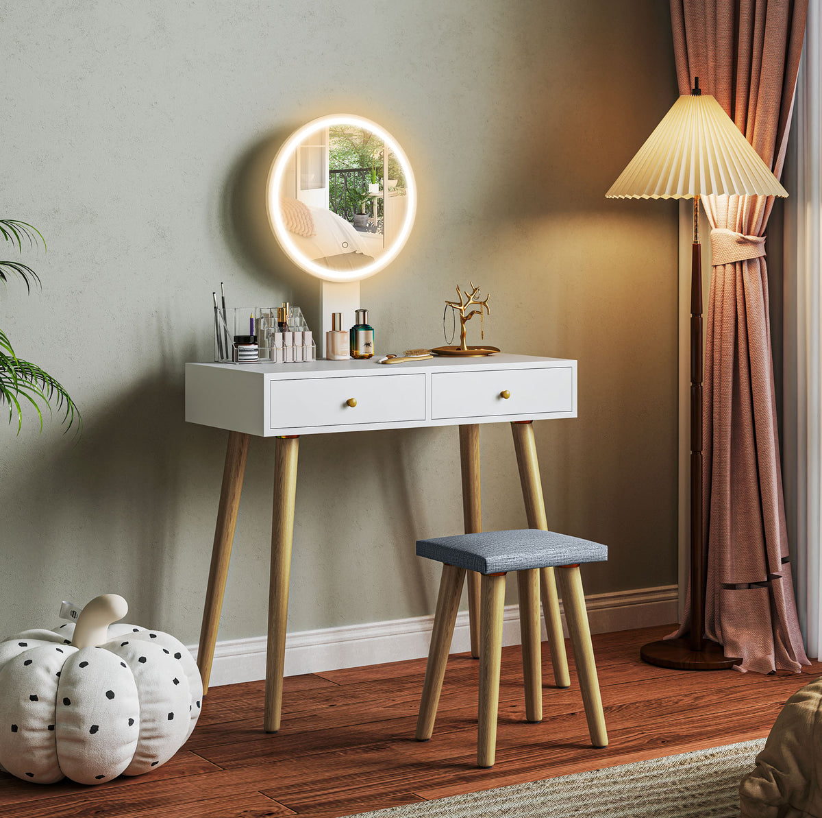 Tocador de Maquilhagem com Luz LED e Banco Mesa de Maquilhagem com Espelho Brilho Ajustável 3 Cores 2 Gavetas e Organizador Tocador Moderno para Quarto 80x43x133 cm Branco — foto 2