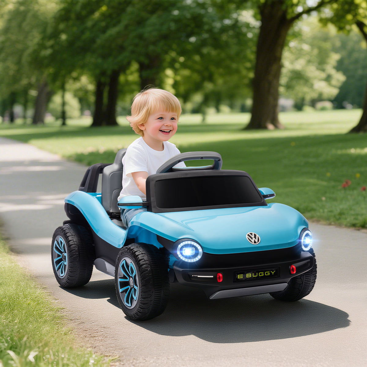 Carro Elétrico para Crianças acima de 3 Anos Volkswagen E-Buggy Bateria 12V com Controlo Remoto 2,4 G Rodas com Suspensão Faróis LED Música USB e Motor Duplo 98x56,5x47 cm Azul — foto 2