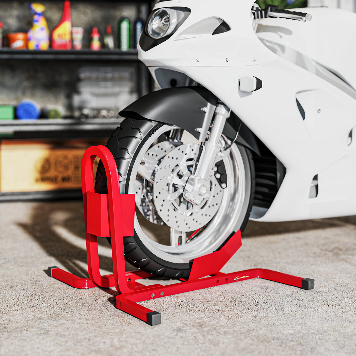 Suporte para Mota Carga 250 kg Suporte para Roda Dianteira de Moto Ajustável em 3 Níveis de Metal Robusto para Rodas ∅43, 48, 53 cm Vermelho — foto 2