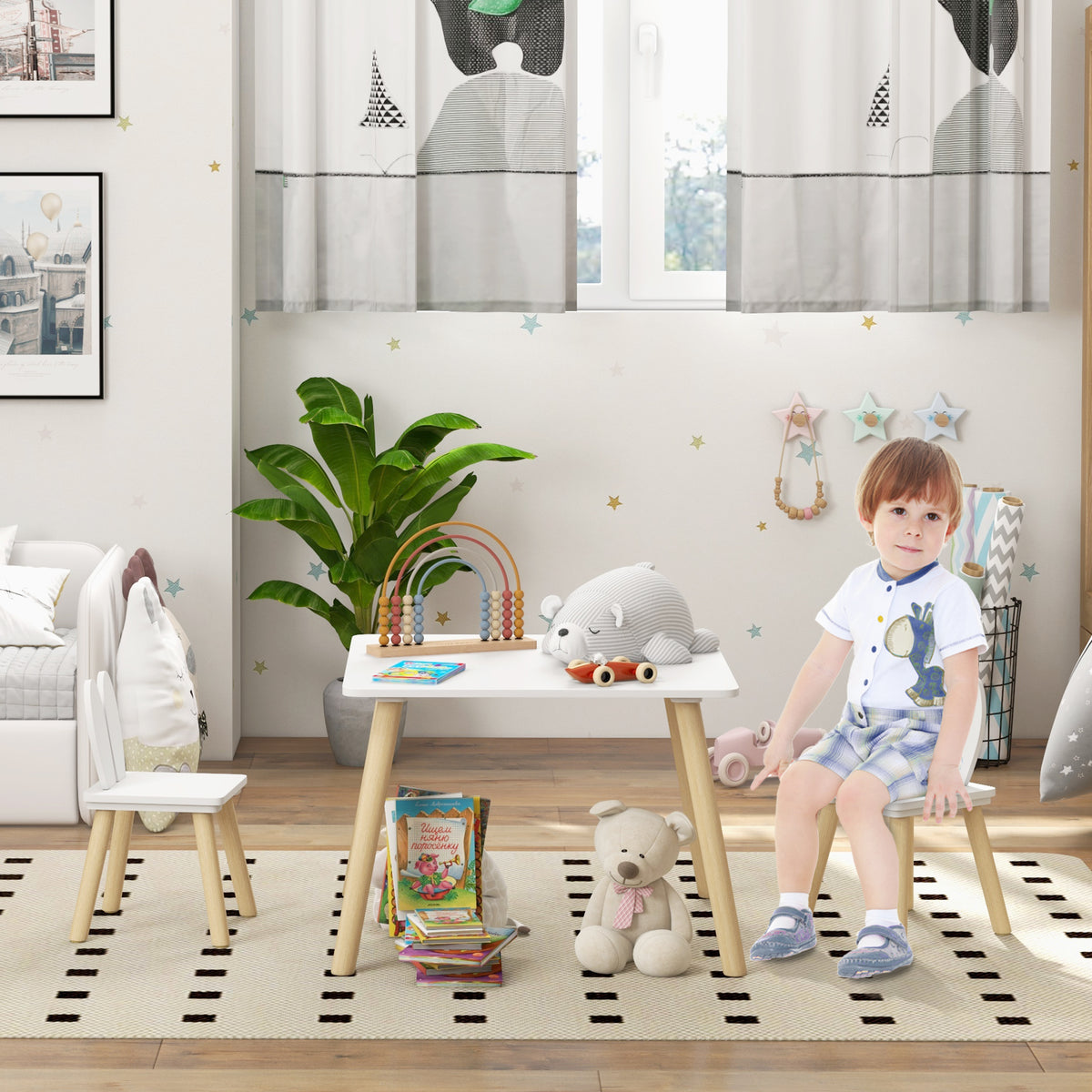Conjunto de Mesa Infantil e 2 Cadeiras Mesa Infantil com Costas de Cadeiras com Orelhas de Coelho Mesa Infantil para Quarto de Bebé Sala de Jogos Branca — foto 2
