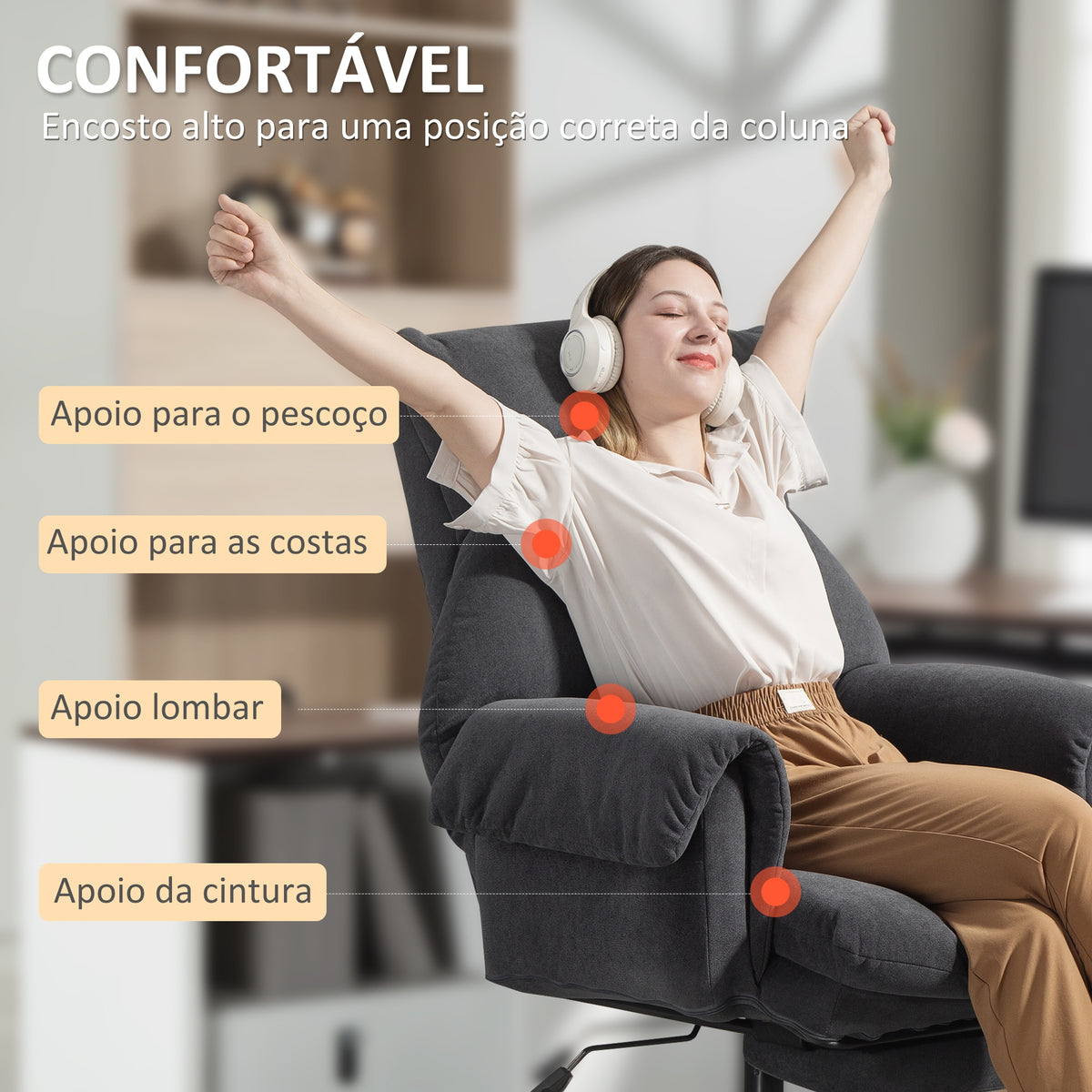 Cadeira de Secretária com Apoio para os Pés Cadeira de Escritório Giratória com Encosto Reclinável Acolchoada Espessa Estofada em Veludo Altura Ajustável 80x80x106-114 cm Cinzento — foto 4