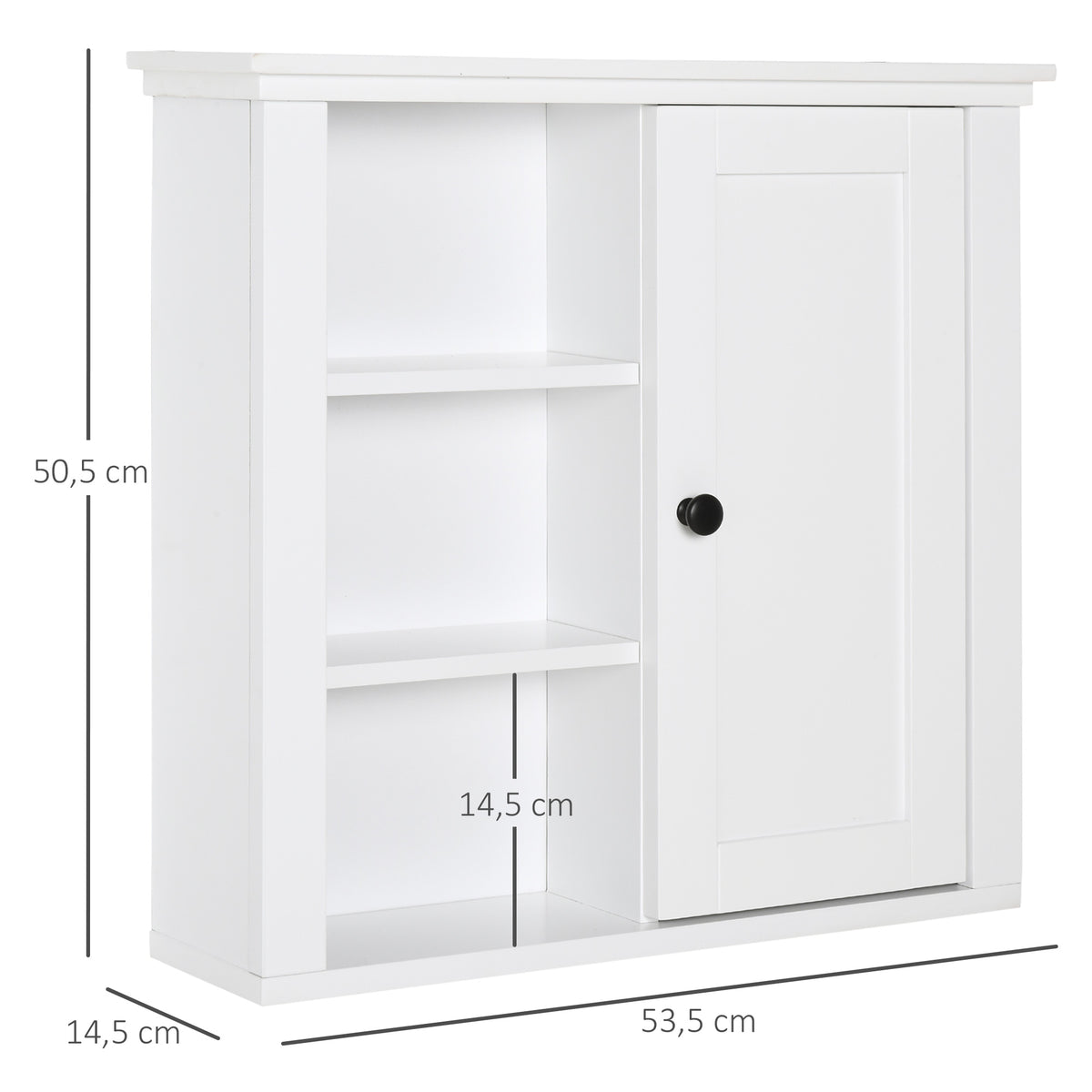 Armário de banheiro multifuncional Armário de parede com economia de espaço com 3 níveis abertos 1 porta Prateleira de sobreposição ajustável 53x14.5x50.5 cm Branco — foto 3