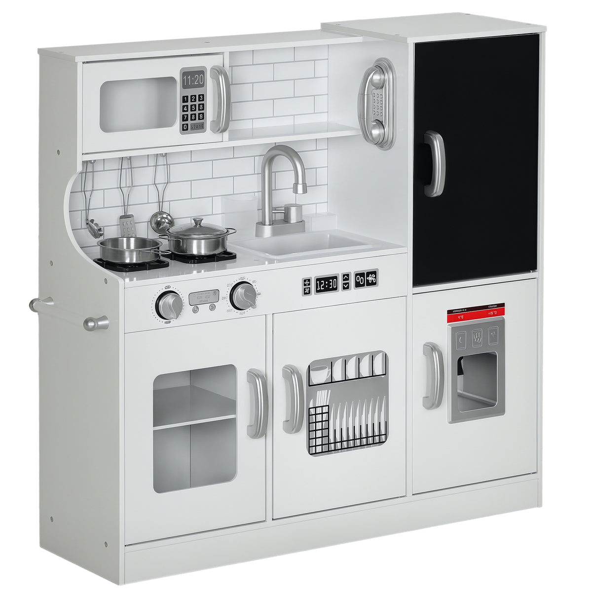 Cozinha de Brincar para Crianças acima de 3 anos Cozinha Infantil de Madeira com Acessórios Máquina de Gelo Ardósia e Telefone 83,8x26,8x81 cm Branco — foto 1