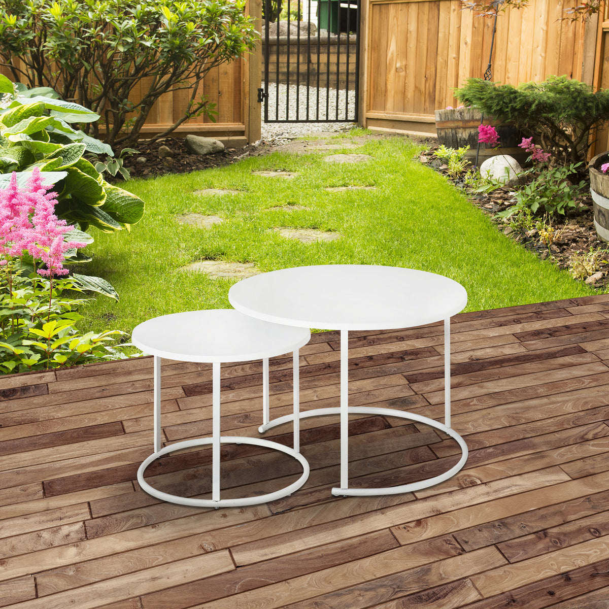 Conjunto de 2 Mesas de Centro Mesas Laterais Redondas de Metal para Sala Jardim Carga Máxima de 25 kg Φ70x50 cm Branco — foto 2