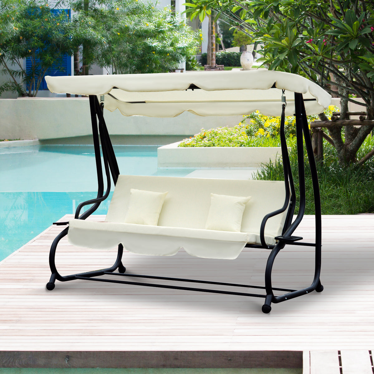 Banco Baloiço Jardim 3 Lugares Convertível em Cama com Teto Ajustável e Bandeja para Bebidas para Varanda Jardim Exterior Carga Máxima 340 kg 200x120x164 cm Bege — foto 2