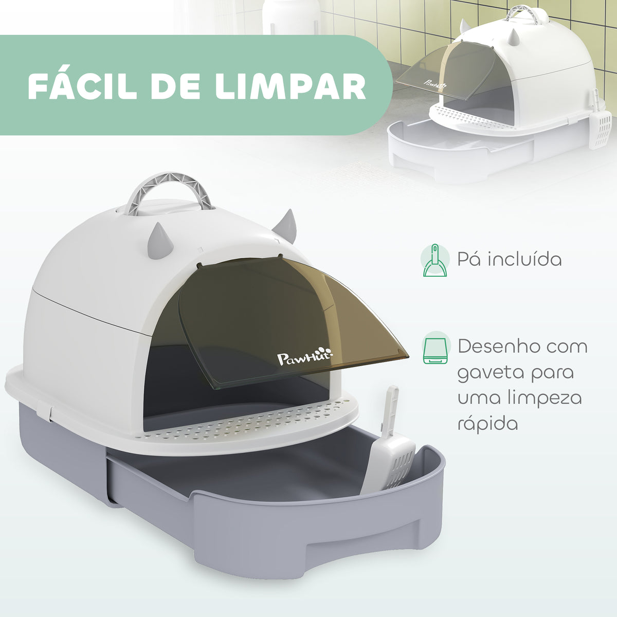 Caixa de Areia para Gatos Fechada Caixa de Areia para Gatos com Tampa e Bandeja Amovíveis Filtro de Carvão e Pá 40,5x52x39 cm Branco e Cinza — foto 5