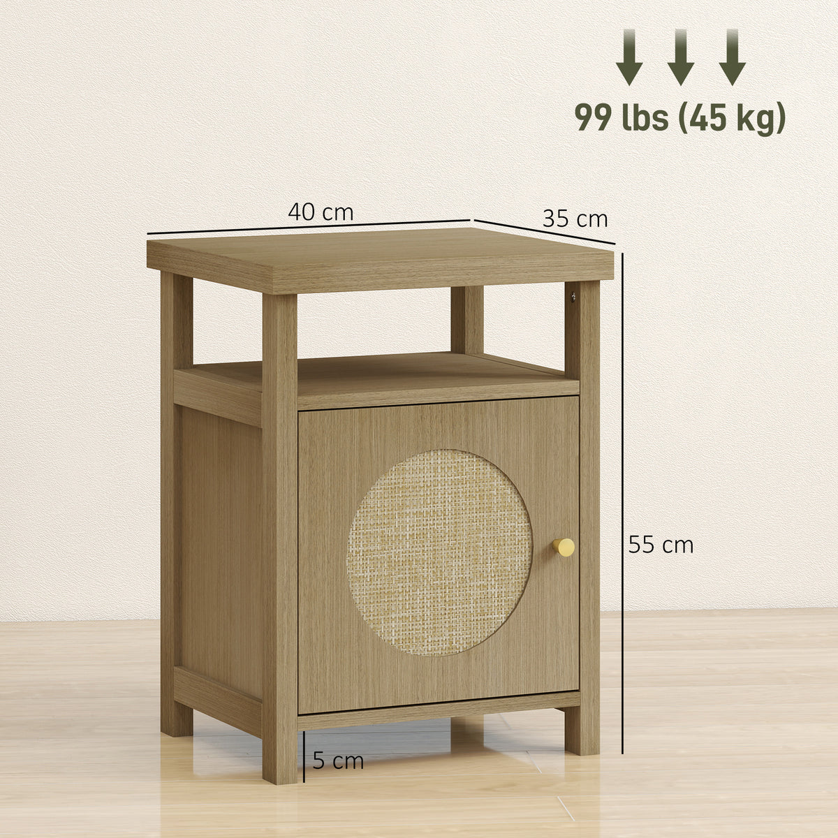Mesa de Cabeceira com Porta de Vime Mesa de Cabeceira com Prateleira Aberta e Compartimento Móvel Auxiliar para Quarto Sala 40x35x55 cm Madeira — foto 3