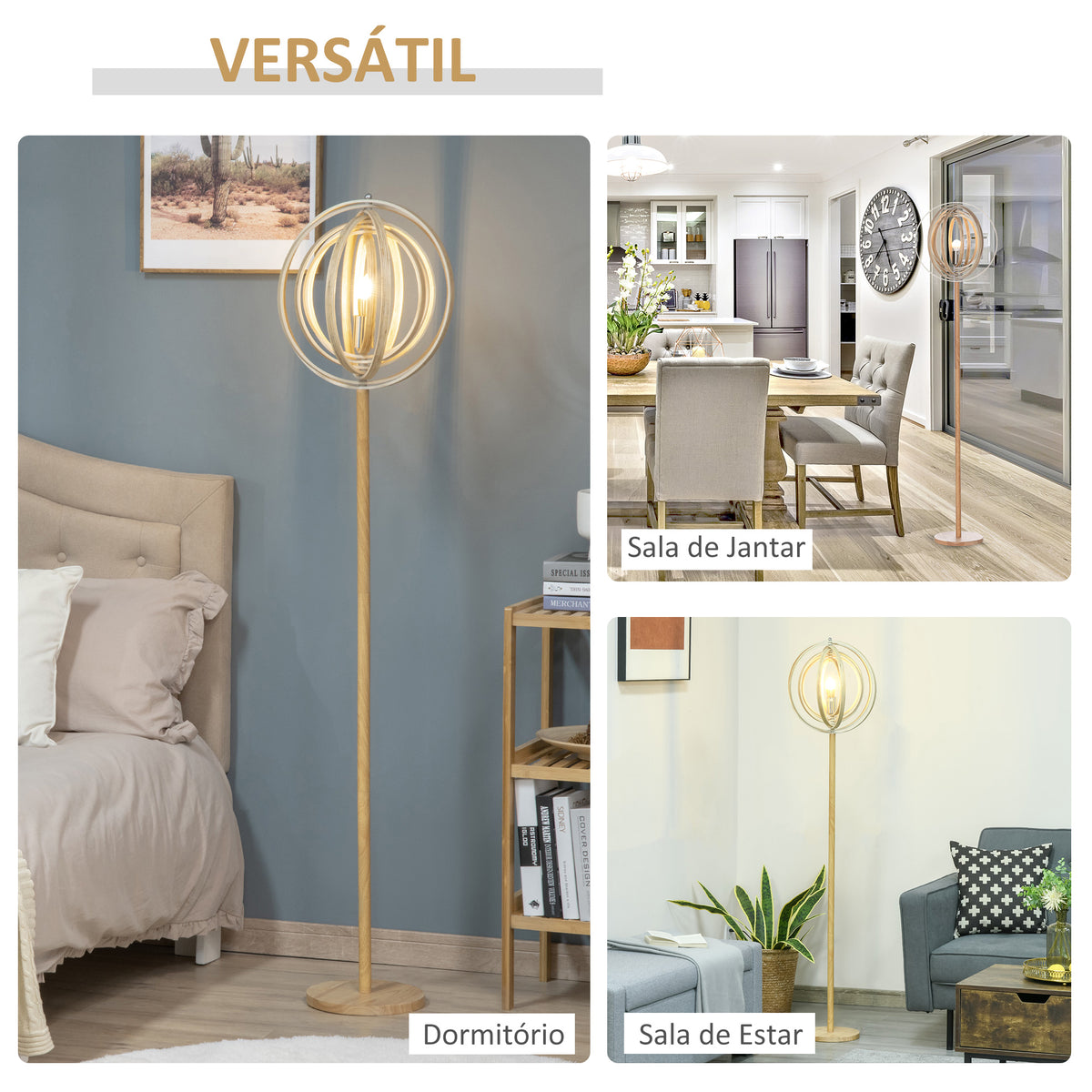 Candeeiro de Pé com Ecrã Giratório de 360° Interruptor de Pé LED E27 Máx. 40W Base de Madeira Candeeiro de Pé para Sala de Estar Dormitório Estúdio 38x38x160cm Natural — foto 6