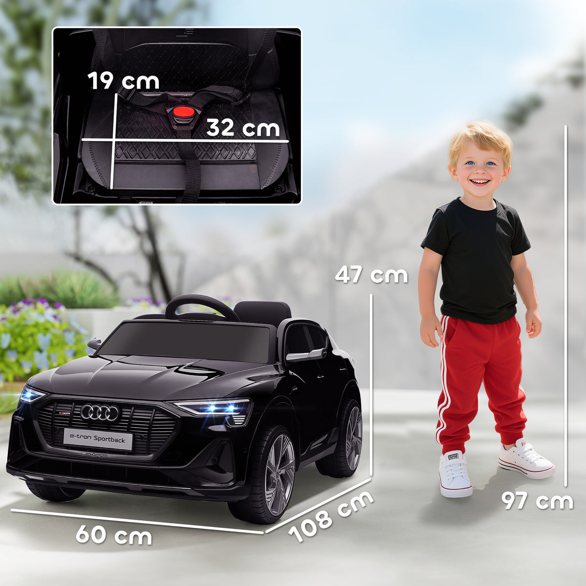 Carro Elétrico Audi E-Tron 12V para Crianças acima de 3 Anos com Controle Remoto Faróis Buzina Música MP3 TF USB e Abertura da Porta 3-8km/h 108x60x47 cm Preto — foto 3