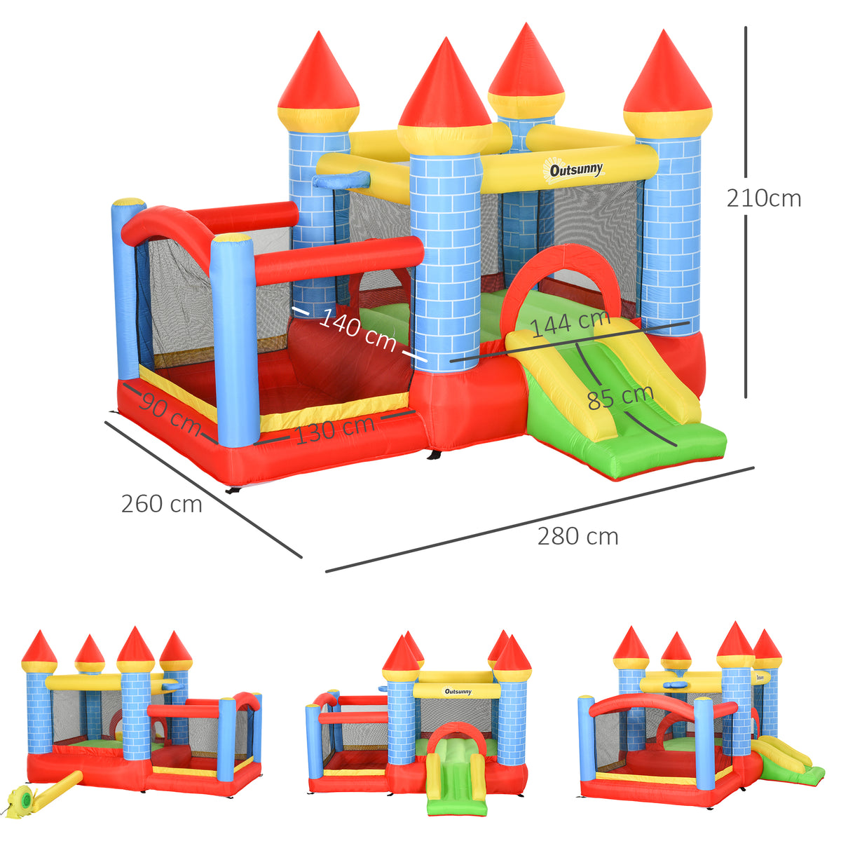 Castelo inflável Infantil com Escorrega Trampolim Insuflador e Bolsa de Transporte para Interior e Exterior 280x260x210 cm Multicolor — foto 3