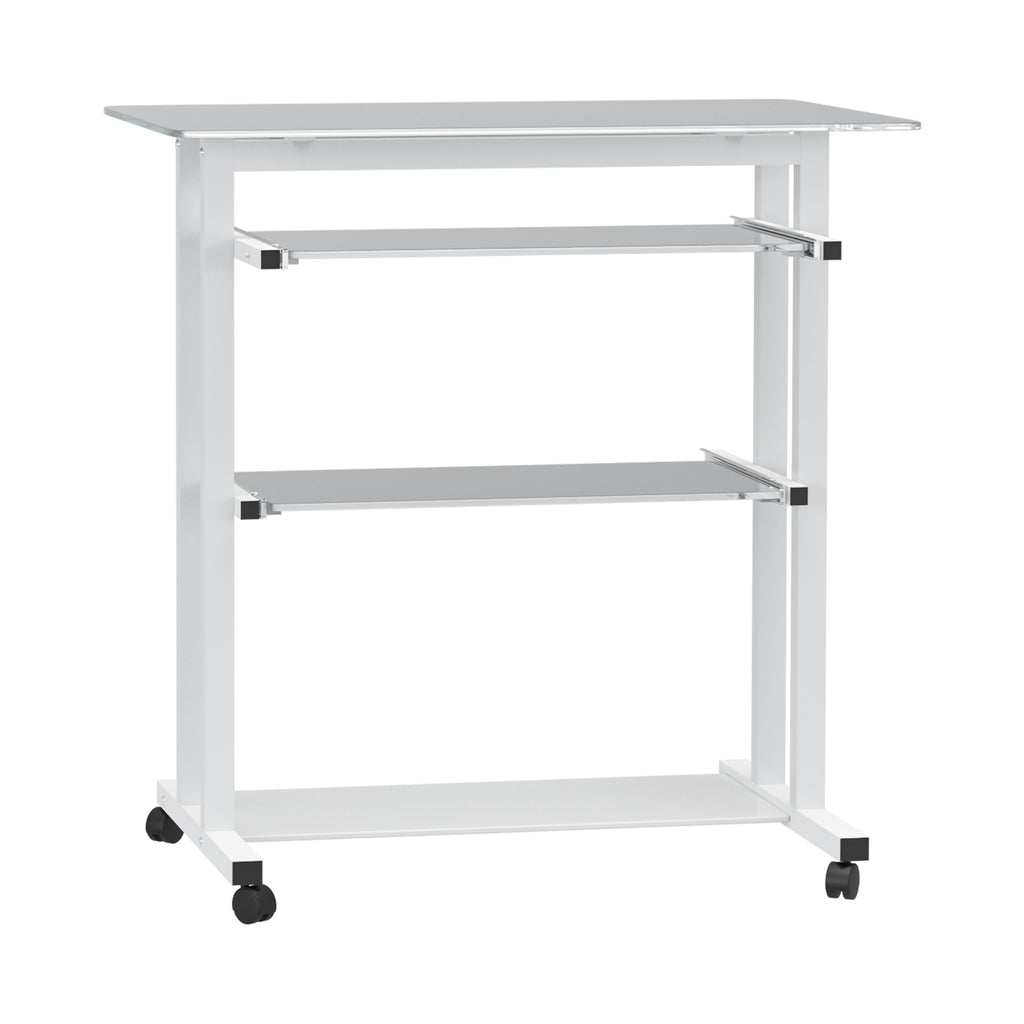 Secretária com Rodas Mesa para Computador com Bancada e Prateleiras de Cristal para Dormitório Escritório 80x51x83cm Branco — foto 1