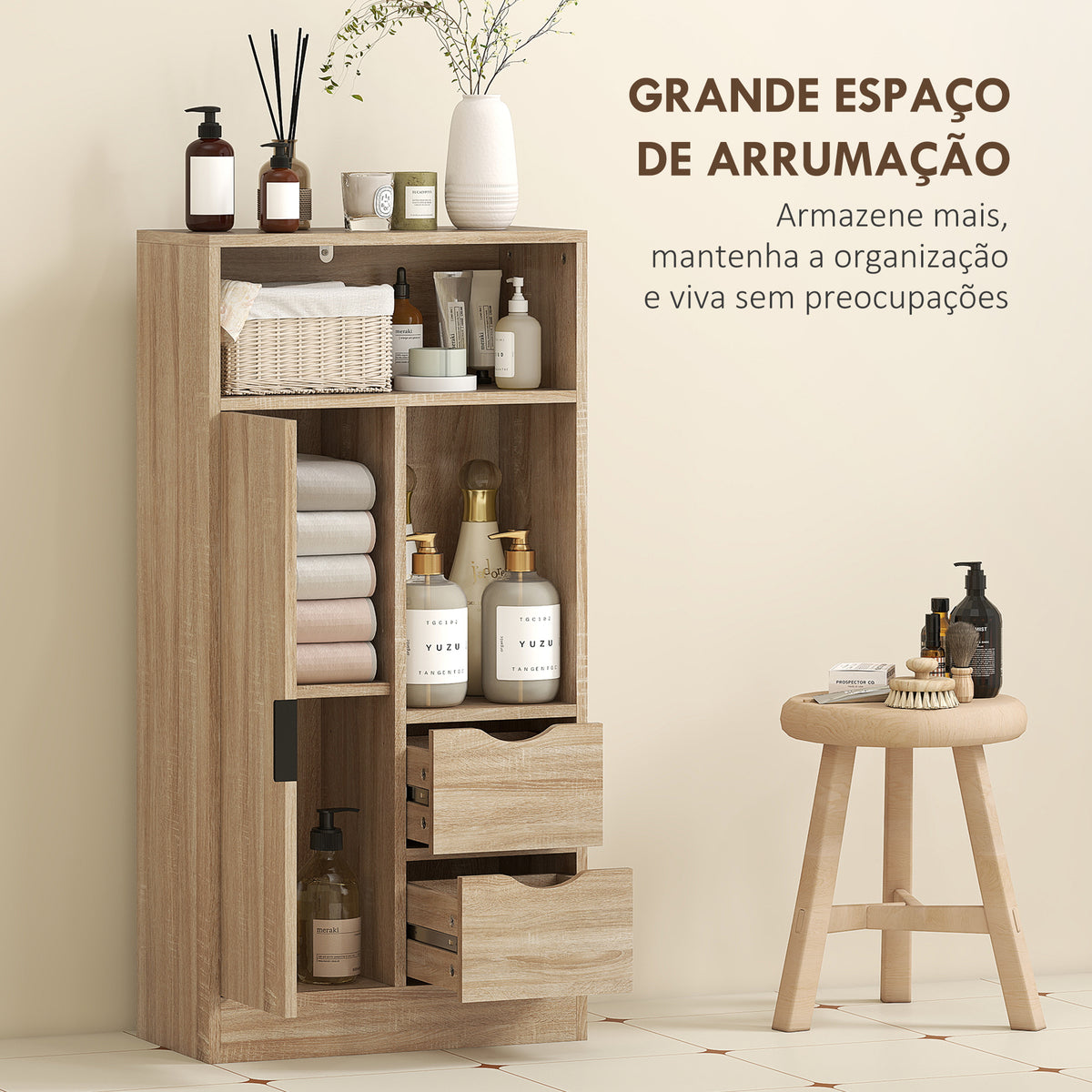 Móvel de Casa de Banho Estreito Armário de Casa de Banho com 2 Gavetas Compartimento Aberto e Prateleiras Ajustáveis para Espaço Pequeno Cozinha Sala 50x25x100 cm Madeira — foto 4