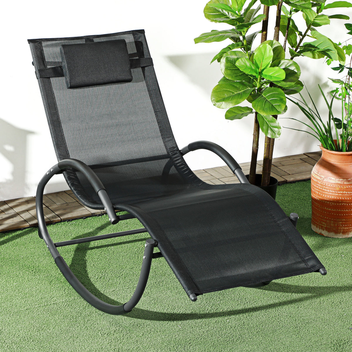 Espreguiçadeira Baloiço de Jardim com Apoio para os Braços Almofada para a Cabeça Removível Espreguiçadeira de Exterior com Tecido Transpirável para Pátio Terraço 155x61x88 cm Preto — foto 2