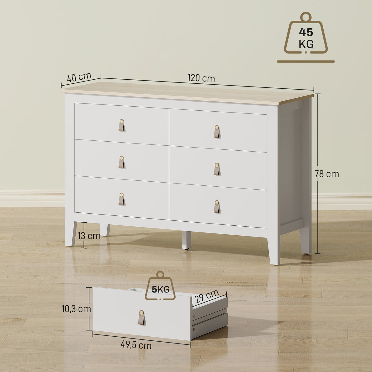 Cómoda de 6 Gavetas Cómoda para Dormitório com Puxadores de PU Cómoda para Sala de Estar Corredor 120x40x78 cm Branco — foto 3