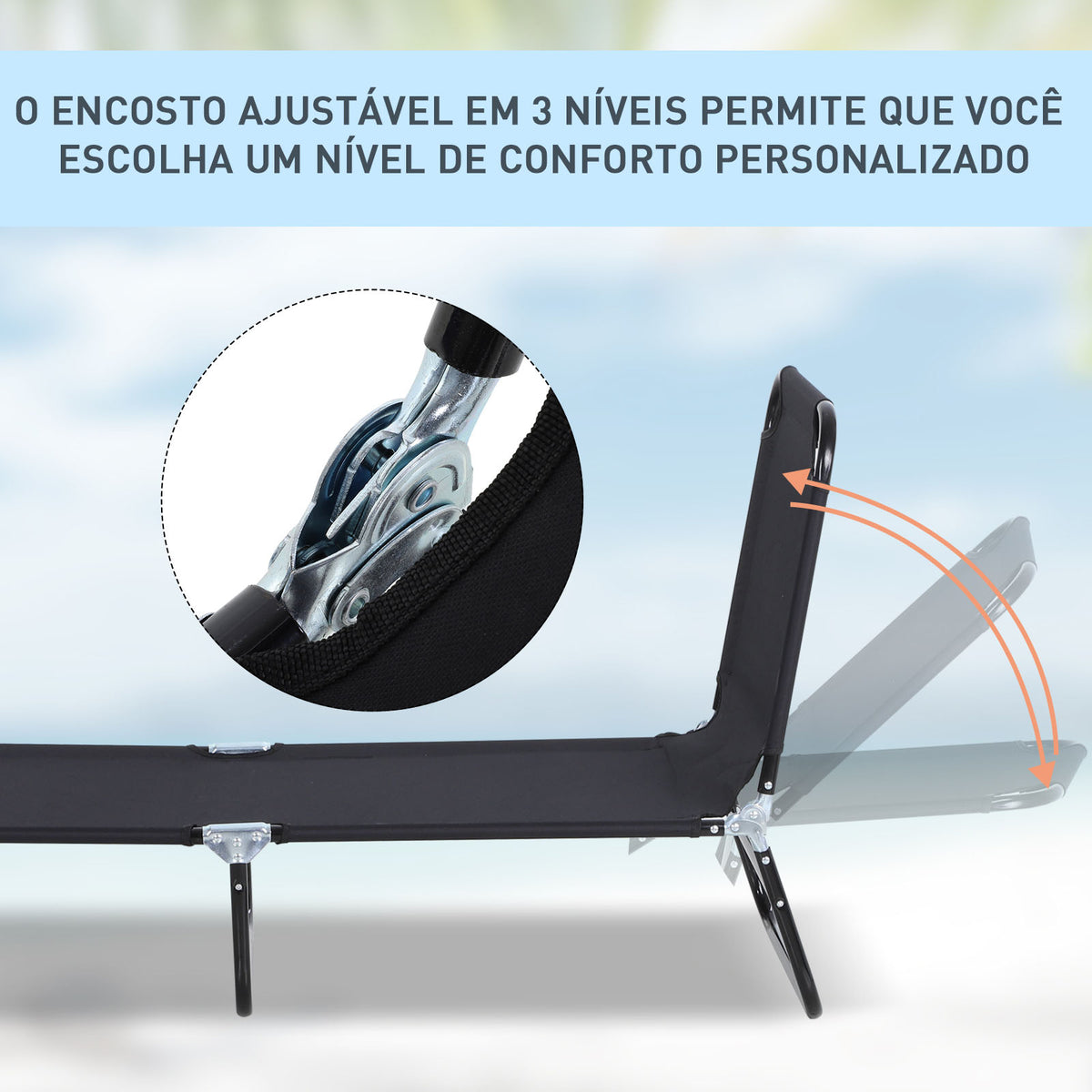 Espreguiçadeira Dobrável Reclinável com Ângulo Ajustável de 3 Posições para Exterior Carga 120 kg 188x56x28 cm Preto — foto 4