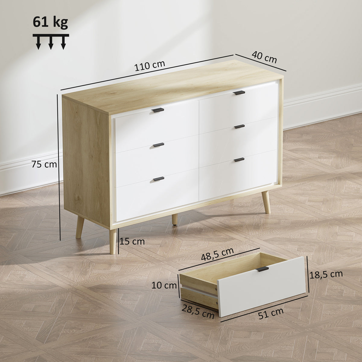 Cómoda 6 Gavetas Cómoda Quarto com Pernas de Madeira Cómoda para Sala Escritório Estilo Moderno 110x40x75 cm Branco Brilhante e Carvalho — foto 3