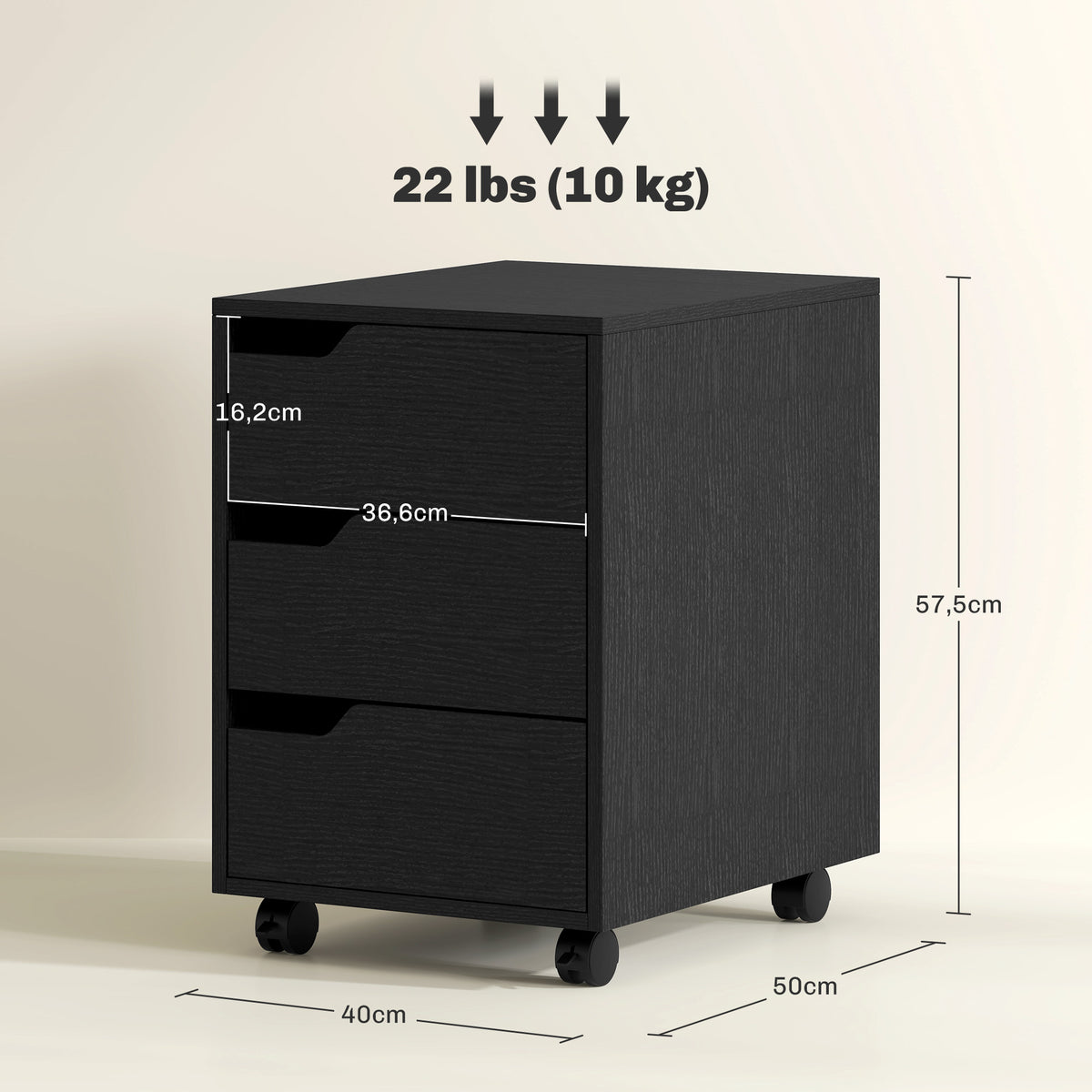 Bloco de Gavetas para Escritório Móvel de Escritório Bloco de Gavetas com 3 Gavetas e 4 Rodas 40x50x57,5 cm Preto — foto 3