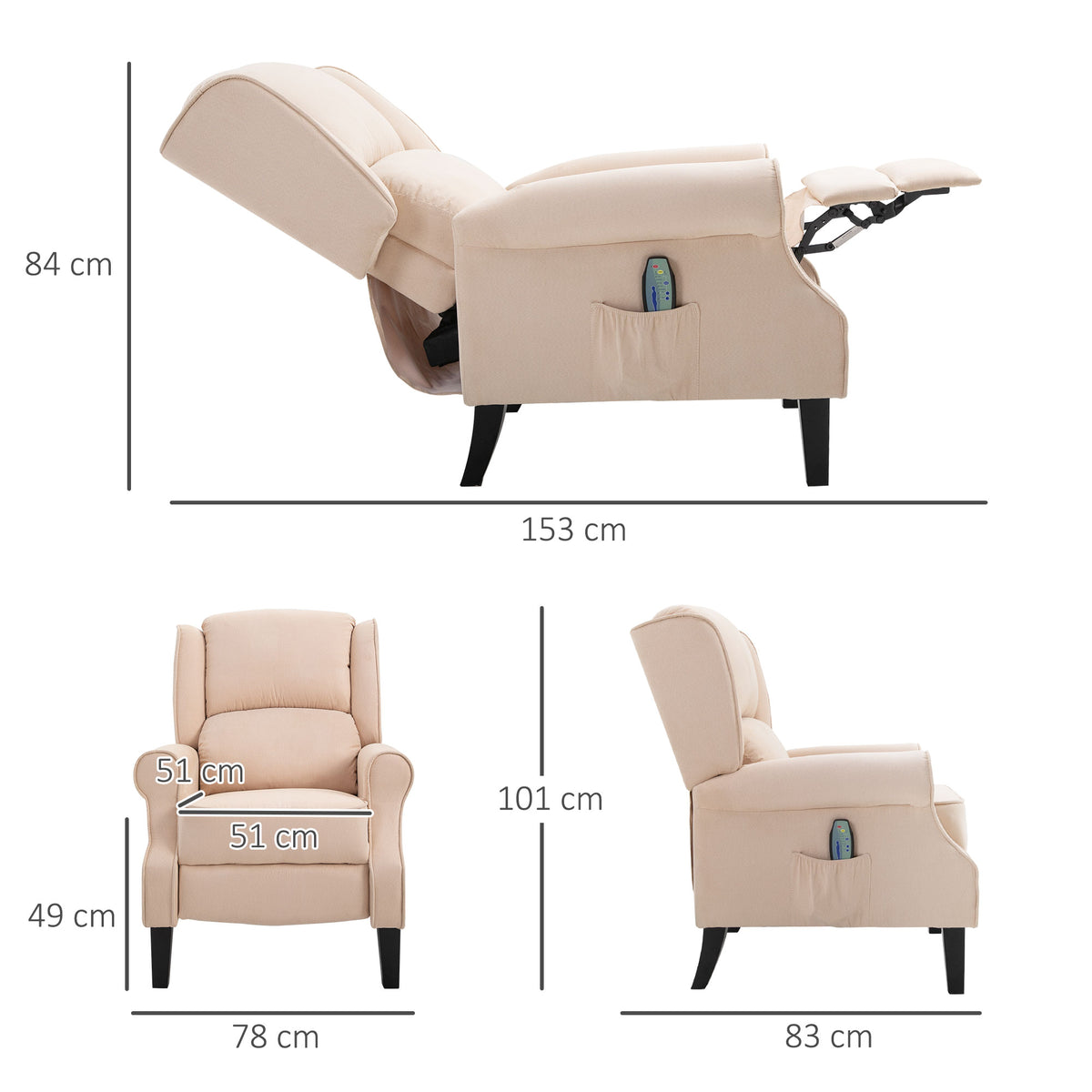 Poltrona de Massagem Poltrona Relax Reclinável com Controlo Remoto 2 Áreas de Massagem Bolso Lateral 78x83x101 cm Bege — foto 3
