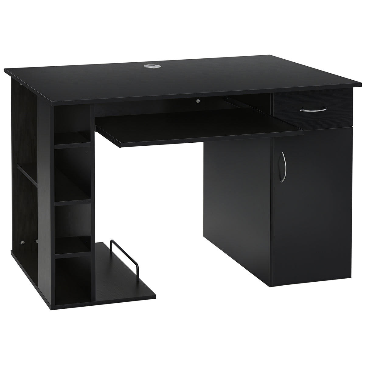Secretária para escritório com prateleiras abertas Gabinete Suporte para CPU e bandeja removível 120x60x74 cm Preto — foto 1
