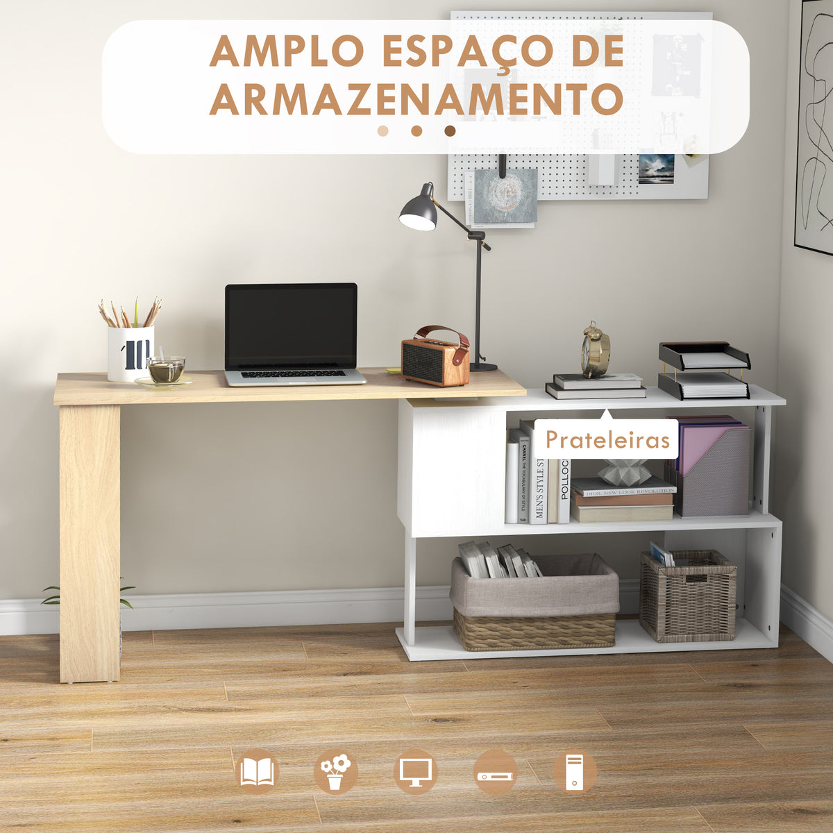 Mesa de Computador Secretária Mesa de Canto Giratória 360° com 5 Prateleiras para Casa Escritório Madeira e Branco — foto 4