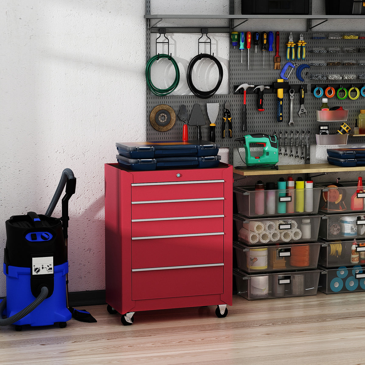 Carrinho de Ferramentas para Oficina com Rodas e 5 Gavetas Carrinho de Ferramentas com Fechadura e Alça Lateral 61,5x33x85 cm Vermelho — foto 2