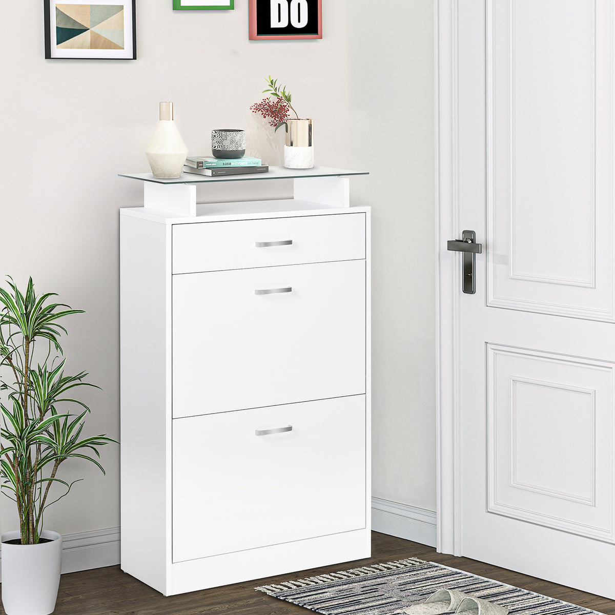 Móvel Sapateiro de 2 Portas Sapateiro Estreito para 12 Pares de Sapatos com Gaveta Prateleira Aberta e Bancada de Vidro para Corredor Entrada 60x24x105,5cm Branco — foto 2