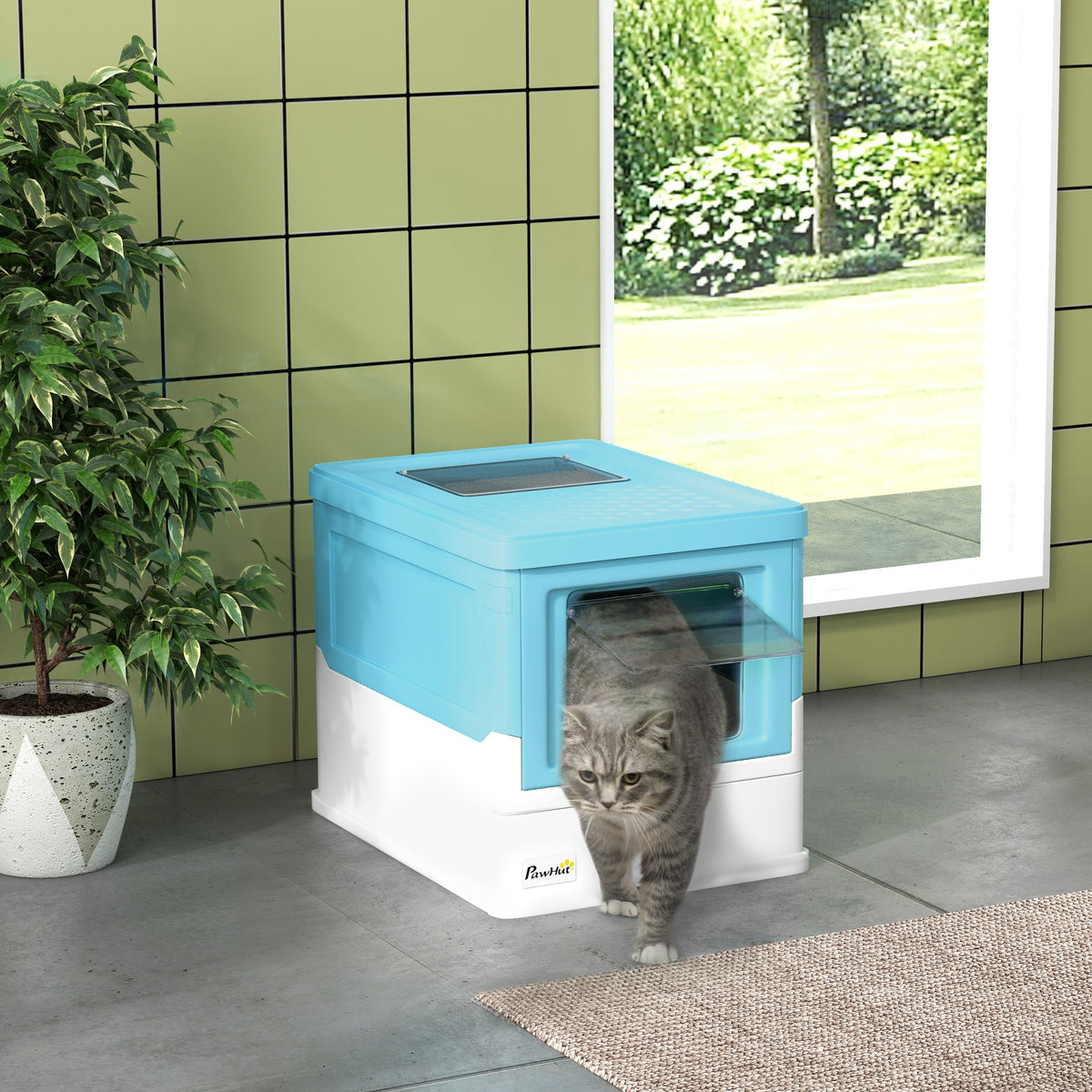 Caixa de Areia para Gatos Dobrável Caixa de Areia para Gatos Fechada com Cobertura Desmontável Bandeja Removível Teto Rebatível Porta de Entrada e Pá 47,5x35,5x36,7cm Azul — foto 2
