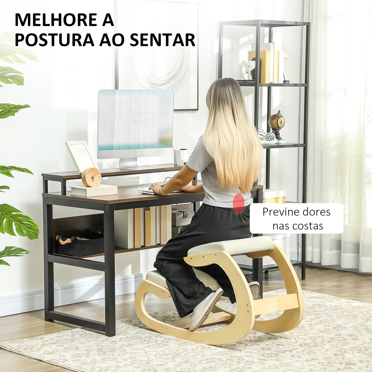 Cadeira Ergonómica de Joelhos com Almofadas Acolchoadas Estrutura de Madeira para Melhor Postura Escritório 55x85x55 cm Creme — foto 4