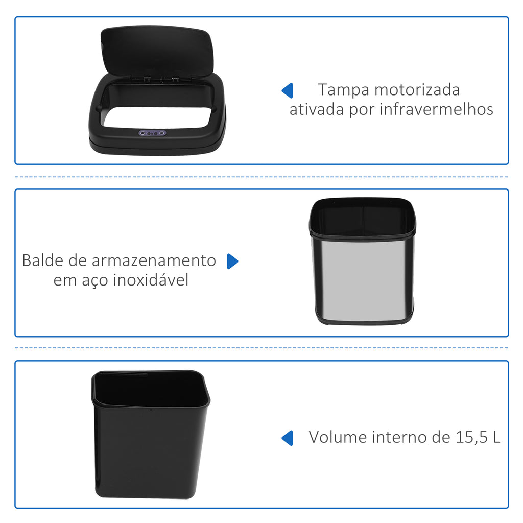 Balde de Lixo Automático 20L Balde de Lixo de Cozinha de Aço Inoxidável com Sensor Infravermelho Abertura Automática Cubo Amovível e Alça 33x25x42,5 cm Prata e Preto — foto 4