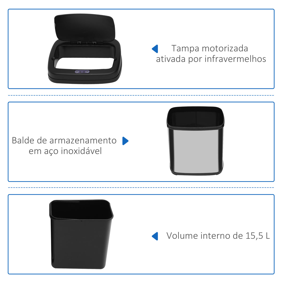 Balde de Lixo Automático 20L Balde de Lixo de Cozinha de Aço Inoxidável com Sensor Infravermelho Abertura Automática Cubo Amovível e Alça 33x25x42,5 cm Prata e Preto — foto 4