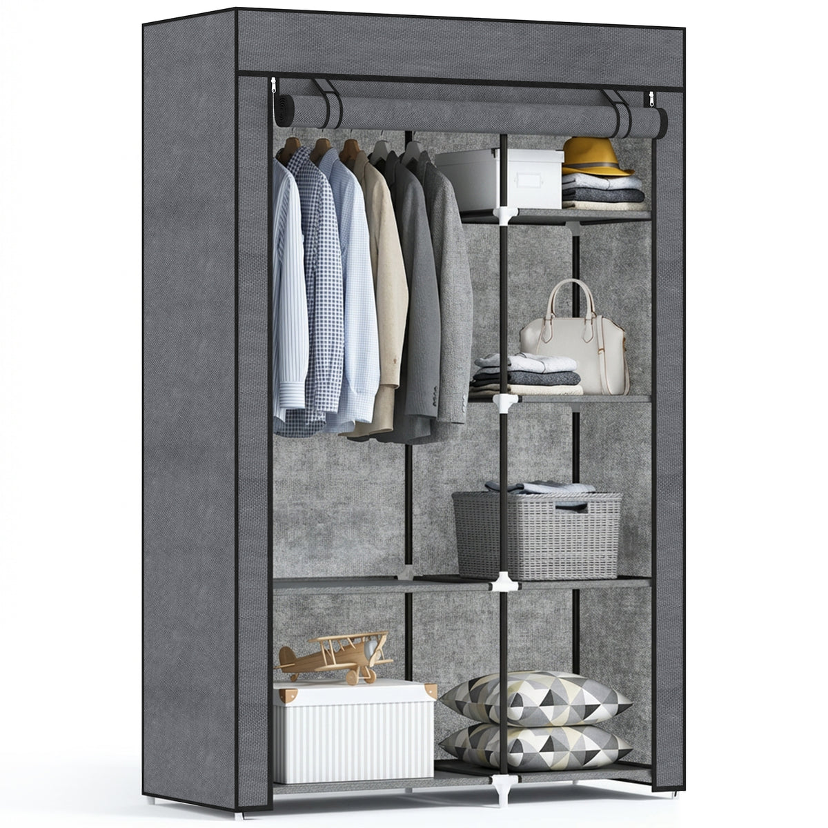 Roupeiro de Tecido Dobrável Armário de Roupa Portátil com 6 Prateleiras e 1 Barra de Pendurar para Dormitório Vestidor 103x43x162,5 cm Cinzento — foto 1