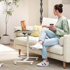 Mesa Auxiliar com Rodas Mesa para Sofá com Altura Ajustável Superfície Inclinável e Estrutura de Metal para Quarto Sala de Estar Escritório 57x40x67,5-101 cm Carvalho e Branco — foto 2