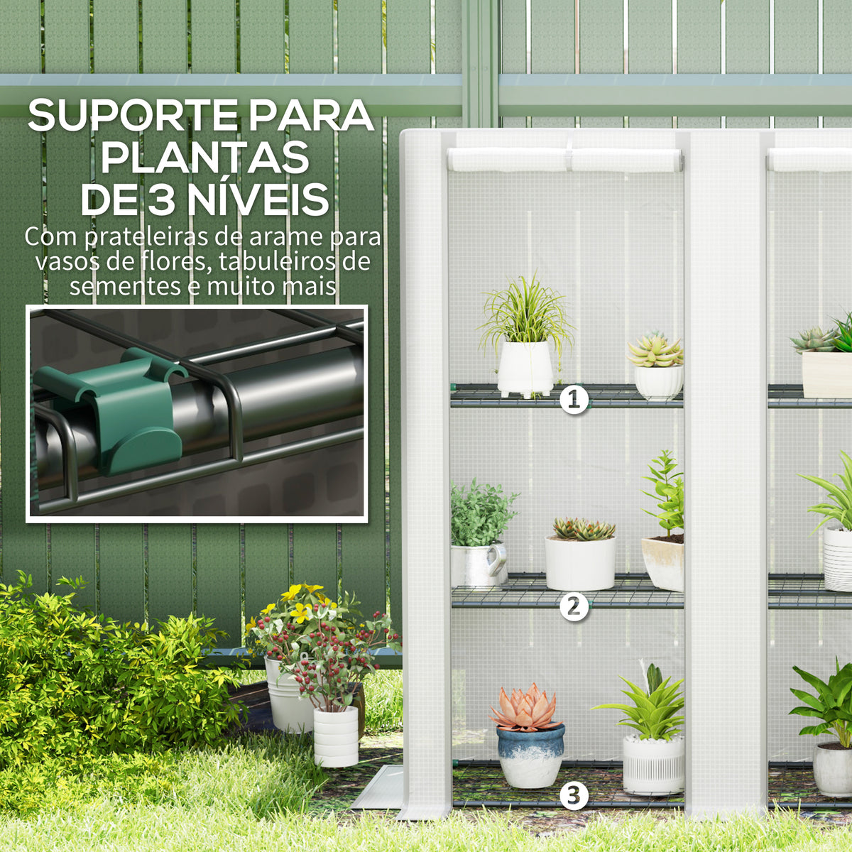 Estufa de Exterior com Teto Inclinado Estufa Pequena com 3 Prateleiras 2 Portas de Enrolar Capa de PE e Estrutura de Aço para Cultivos Plantas Flores 144x48x152 cm Branco — foto 5