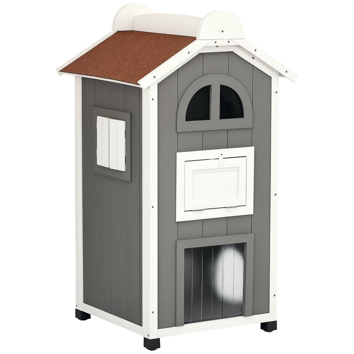 Casa para Gatos de Madeira 59x55x109 cm Abrigo para Gatos de 3 Níveis com Telhado Asfáltico Plataformas Escada e Varanda para Exterior Cinza — foto 1