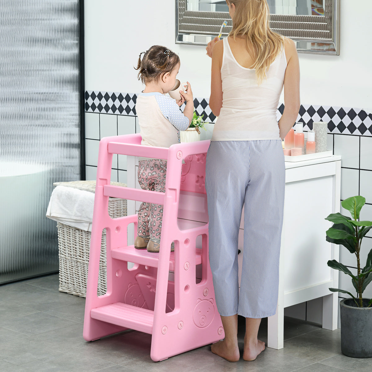 Torre de Aprendizagem para Crianças Banco Infantil com Altura Ajustável em 3 Posições e Plataforma Antiderrapante para Cozinha Sala de Jantar Casa de Banho 47x47x90cm Rosa — foto 2