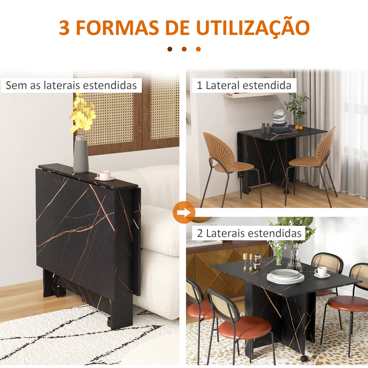 Mesa de Sala de Jantar Dobrável com Rodas Mesa Multifuncional para Sala de Jantar com 3 Formas 120x80x73cm Preto — foto 4