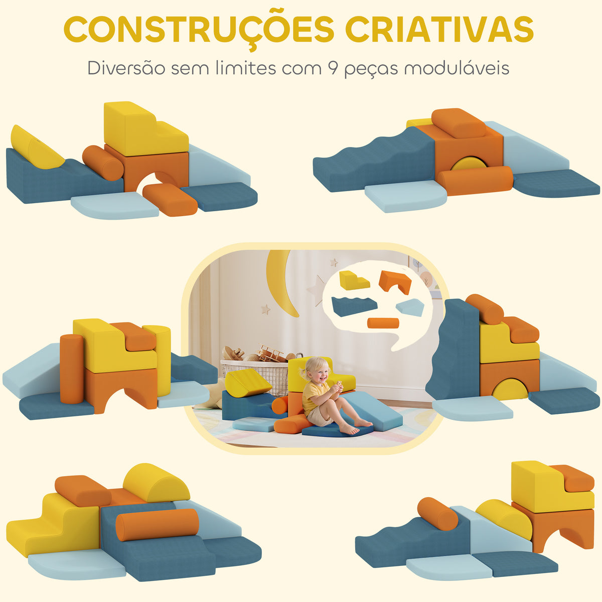 Conjunto de 9 Blocos de Espuma para Crianças Blocos de Psicomotricidade com Capas de Veludo Laváveis Conjunto de Escalada para Interior para Escalar e Rastejar Multicor — foto 4
