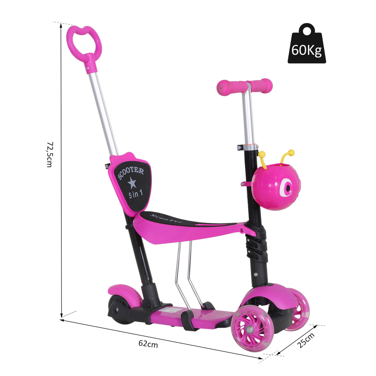 5 em 1trotinete para crianças de acima de 1 ano 3 rodas trotinete com assento removível guiador ajustável 62x25x72,5 cm rosa — foto 3