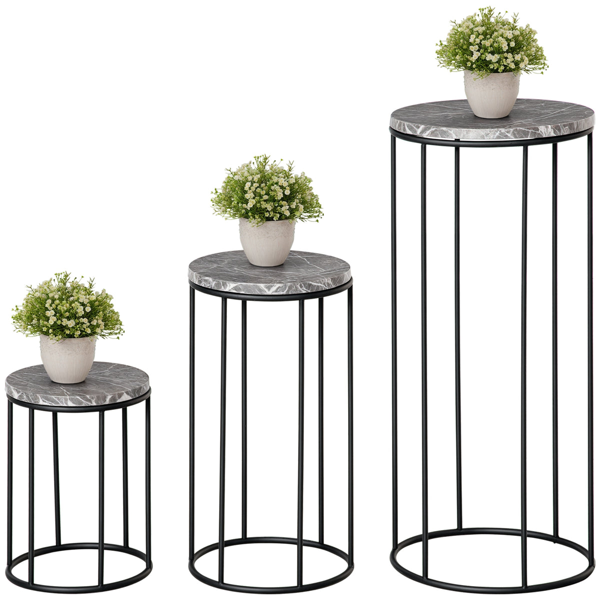 Suporte para Vasos de Metal 3 Peças Empilháveis Suporte para Plantas com Bancada de Efeito Mármore Decoração para Interiores e Exteriores Ø30,5x70,5cm Cinza e Preto — foto 1