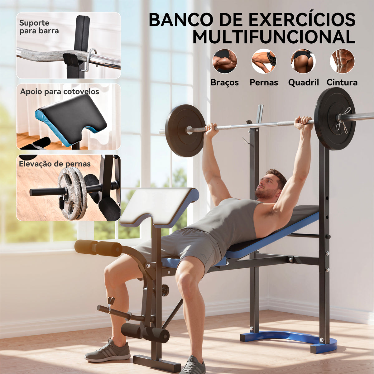 Banco de Musculação Multifuncional Banco de Pesos com Suporte para Barras e Encosto Ajustável para Treino Completo de Corpo em Casa Ginásio 155x56,5x120 cm Preto e Azul — foto 5