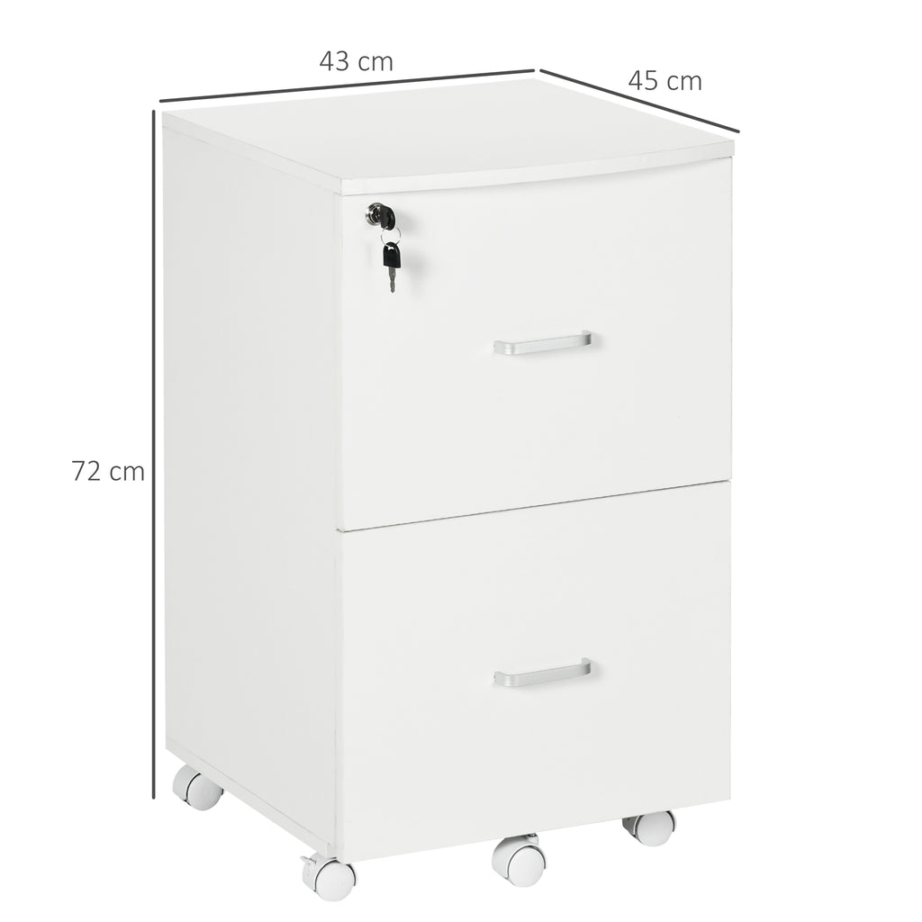 Bloco de Gavetas de Escritório Móvel Auxiliar para Arquivos com 2 Gavetas Fechadura 2 Chaves 5 Rodas e 2 Freios para Estúdio Escritório Dormitório 43x45x72cm Branco — foto 3