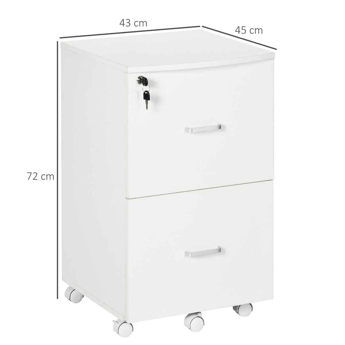 Bloco de Gavetas de Escritório Móvel Auxiliar para Arquivos com 2 Gavetas Fechadura 2 Chaves 5 Rodas e 2 Freios para Estúdio Escritório Dormitório 43x45x72cm Branco — foto 3